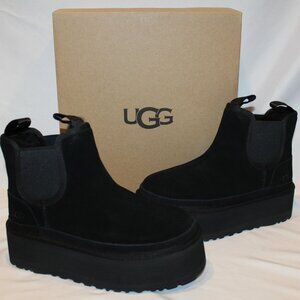 UGG WOMEN'S NEUMEL PLATFORM‎ SUEDE SHEARLING LINED ANKLE BOOTS BLACK